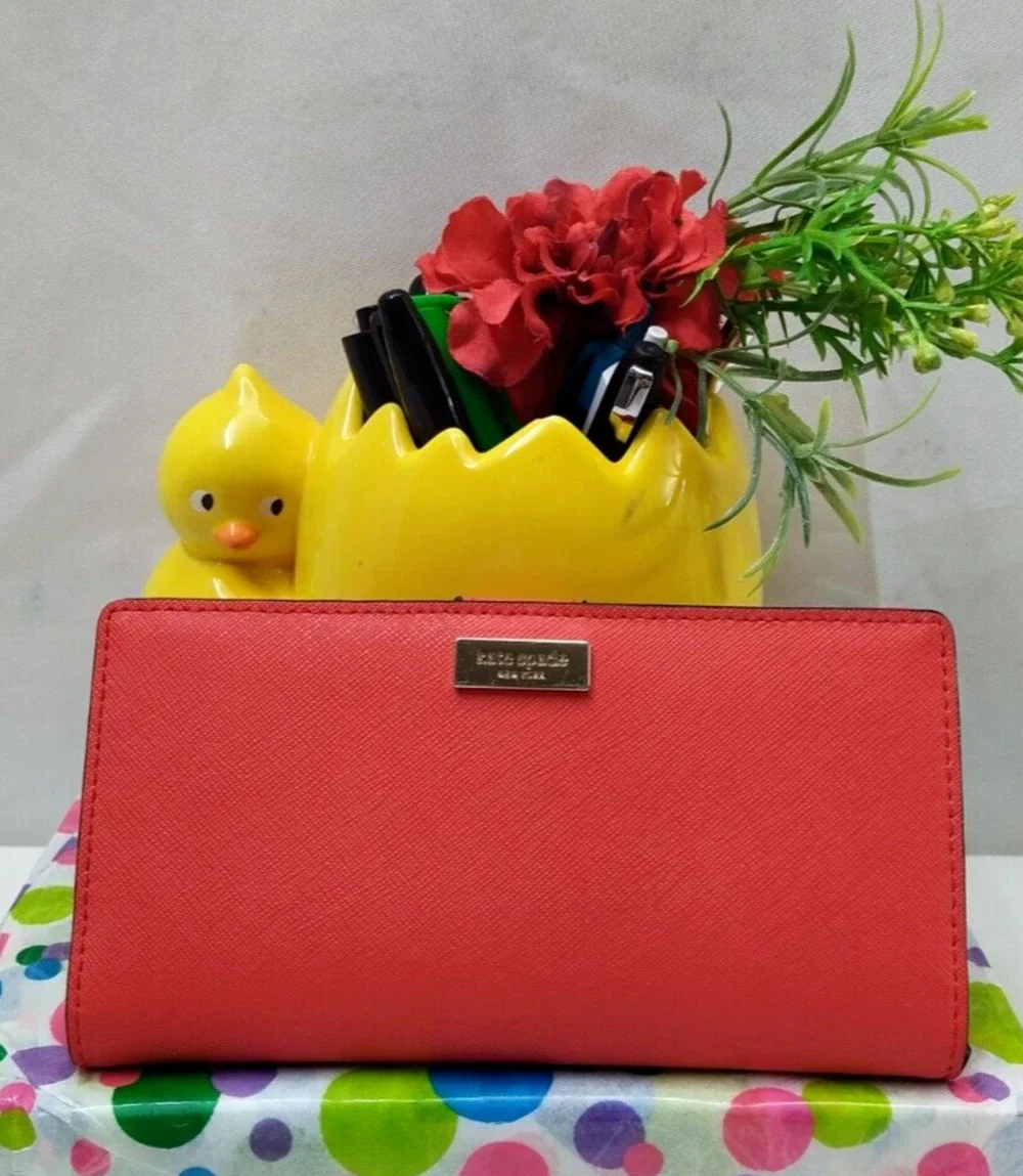 Kate Spade New York Red Crossgrain Leather Credit Card Bifild Long Wallet